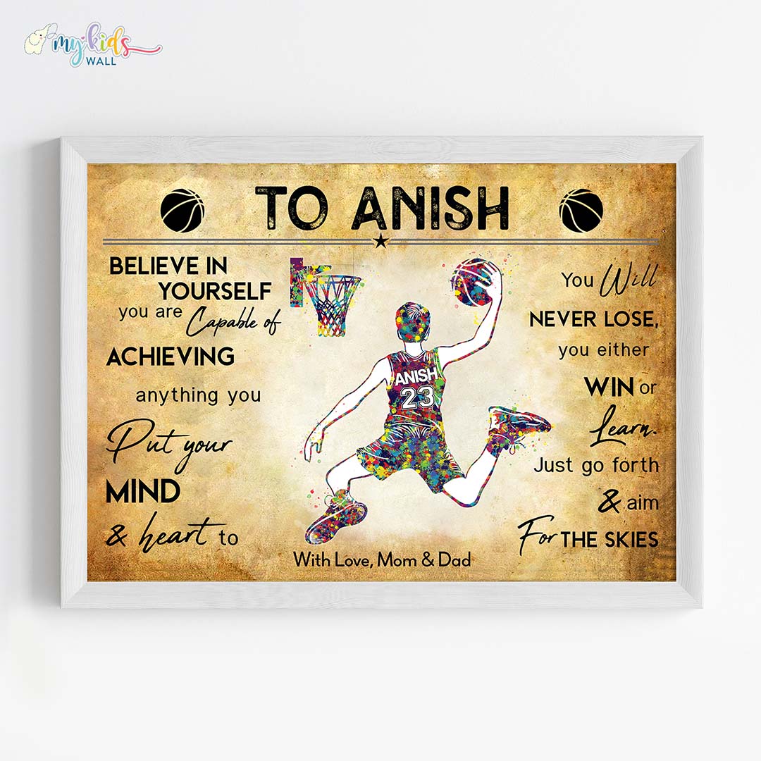 Multicolor Basketball Player Boy Personalized Motivational Wall Art Framed White