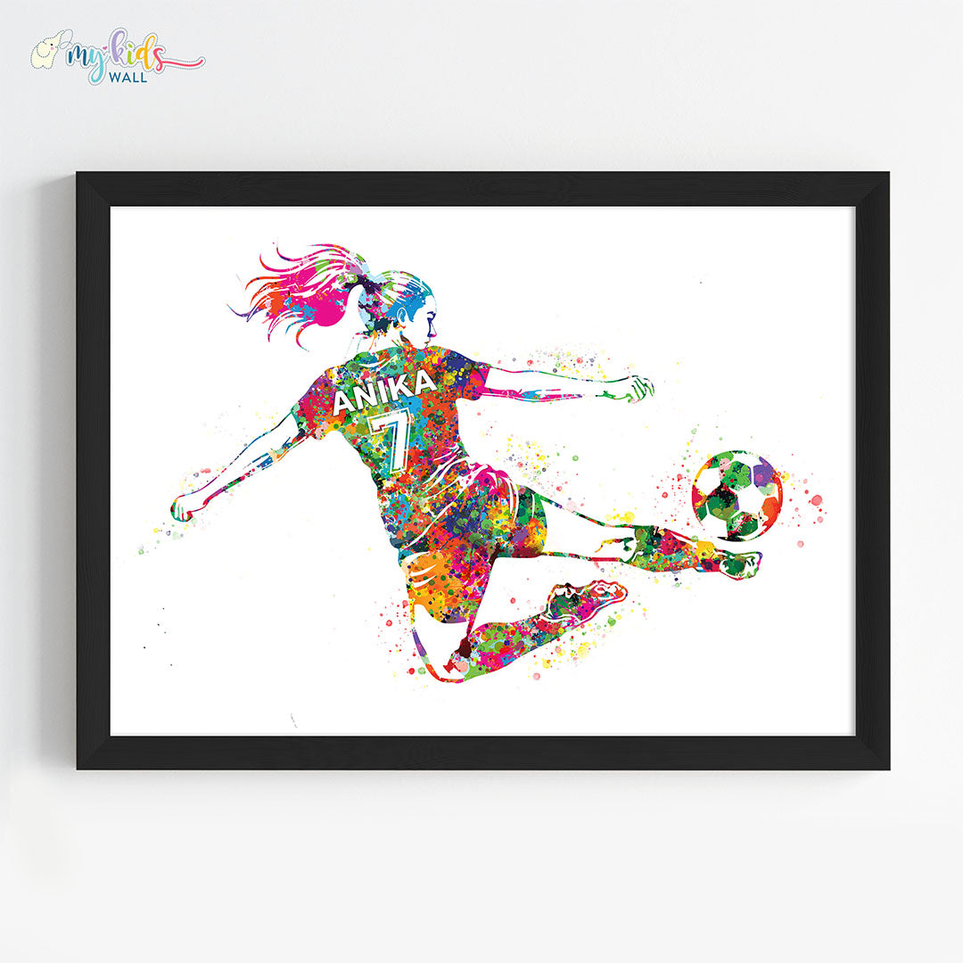Football Player Girl Jump Kick Personalized Wall Art Framed Black