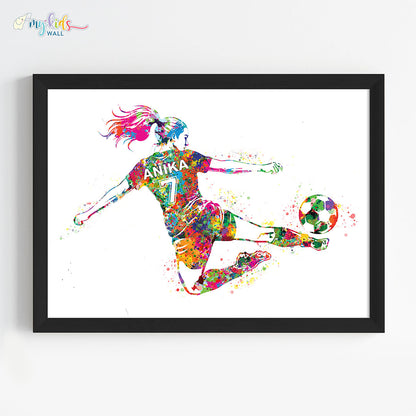Football Player Girl Jump Kick Personalized Wall Art Framed Black