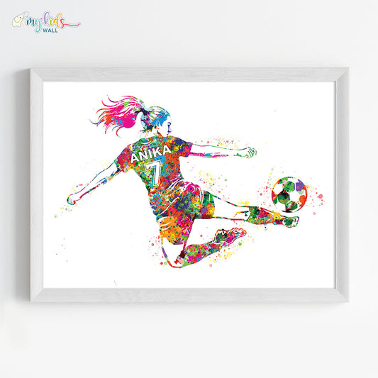 Football Player Girl Jump Kick Personalized Wall Art Framed White