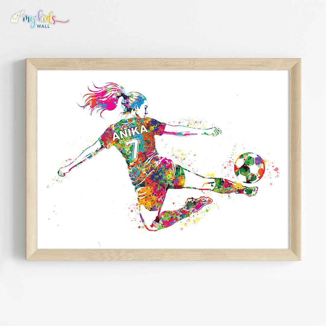 Football Player Girl Jump Kick Personalized Wall Art Framed Wooden