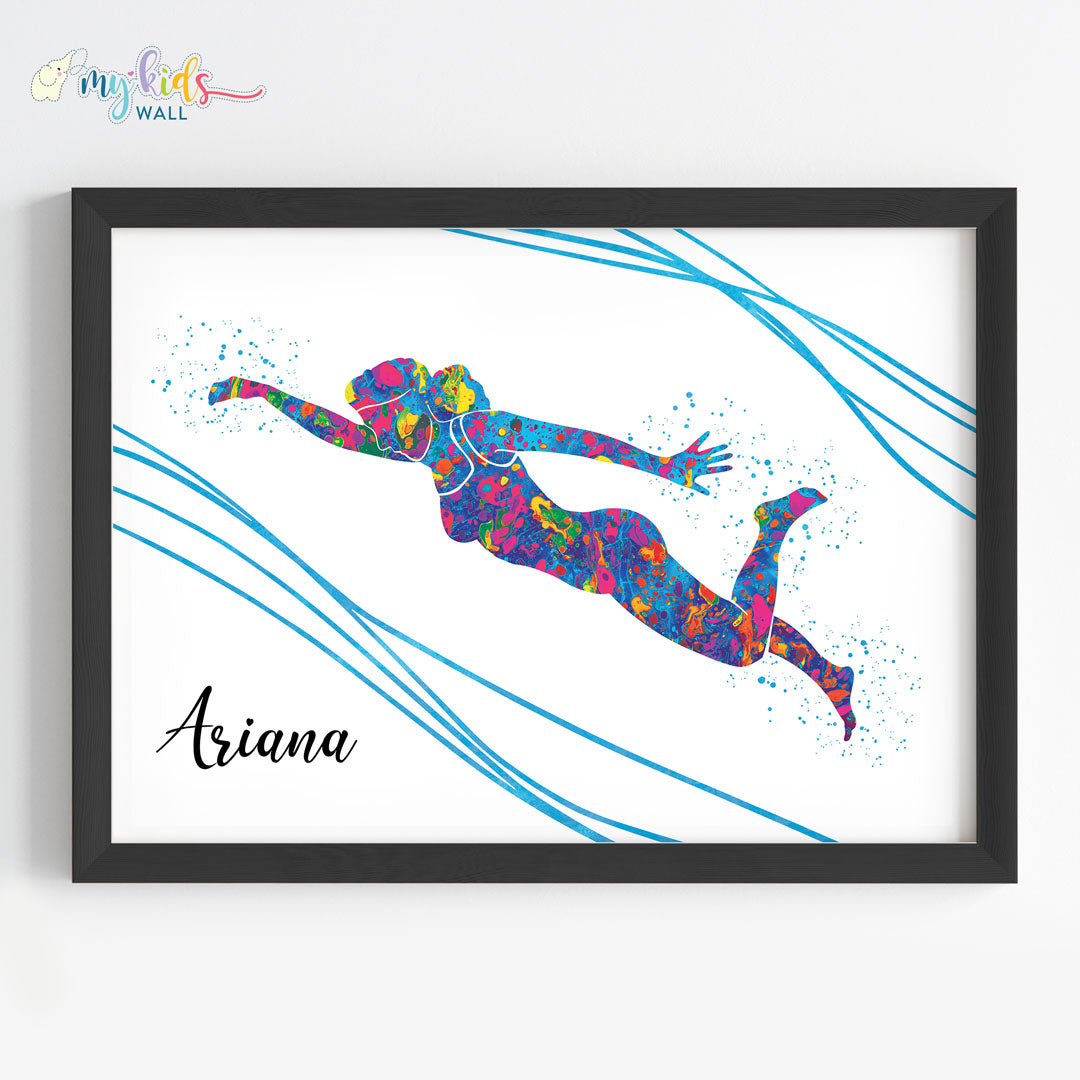 Multicolor Swimmer Girl Personalized Wall Art Framed Black
