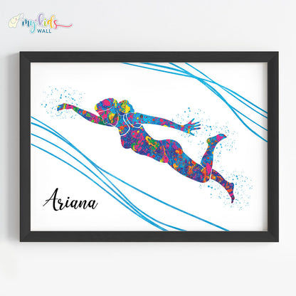 Multicolor Swimmer Girl Personalized Wall Art Framed Black