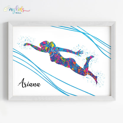 Multicolor Swimmer Girl Personalized Wall Art Framed white
