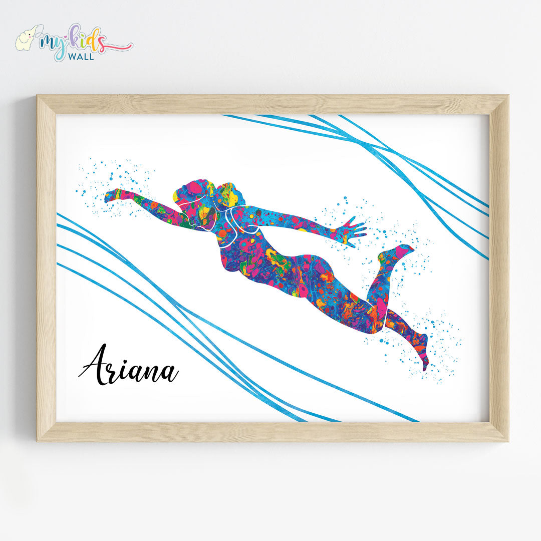 Multicolor Swimmer Girl Personalized Wall Art Framed Wooden