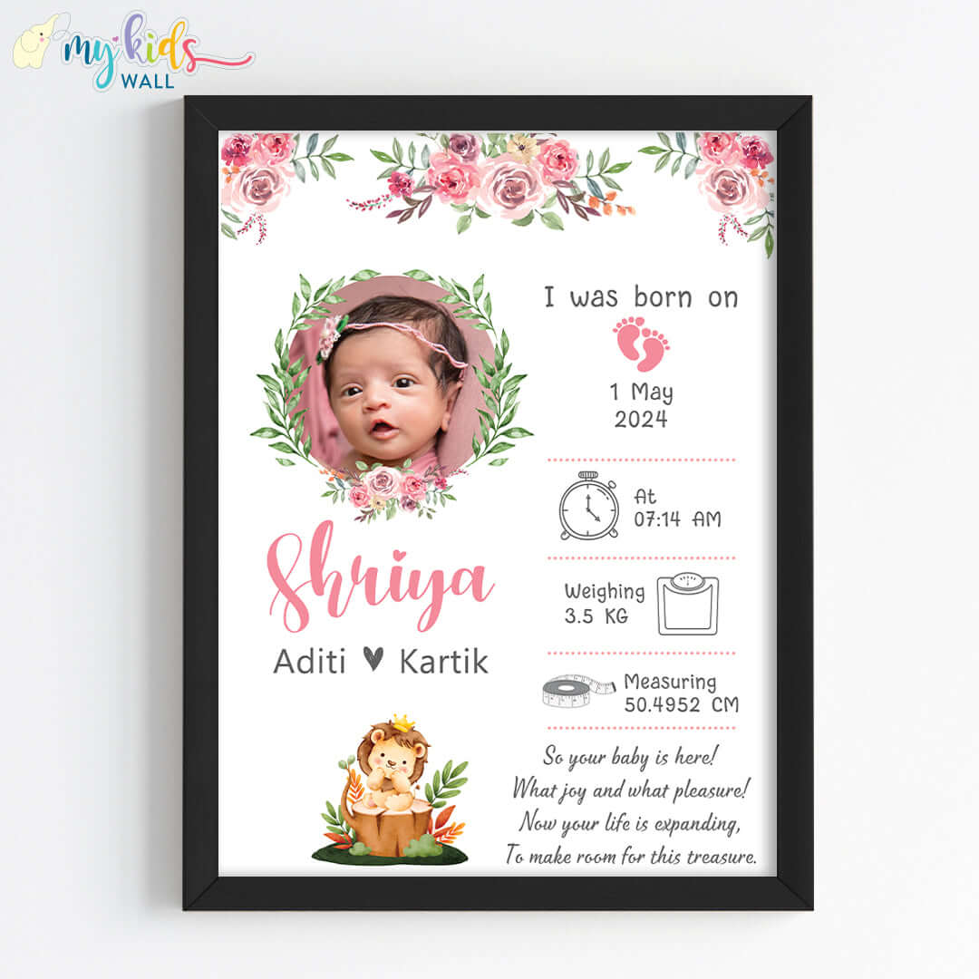 Newborn girl birth statistics wall art black frame