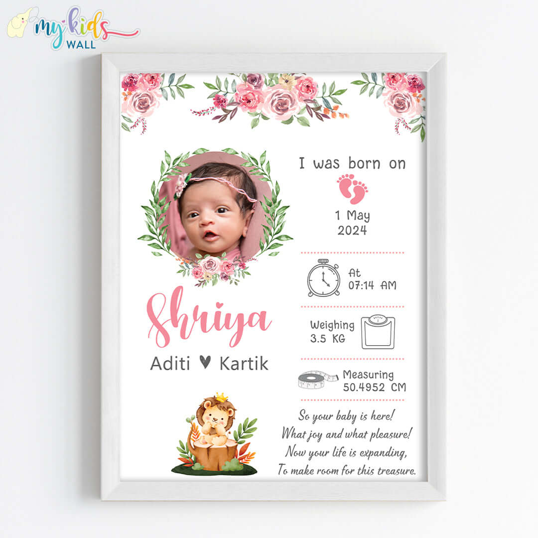 Newborn girl birth statistics wall art white frame