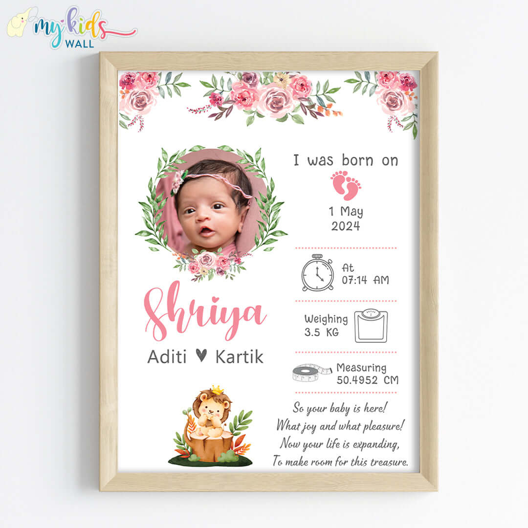 Newborn Girl Birth Statistics Personalised Wall Art (Framed) New A/3 Natural Hang with regular hooks