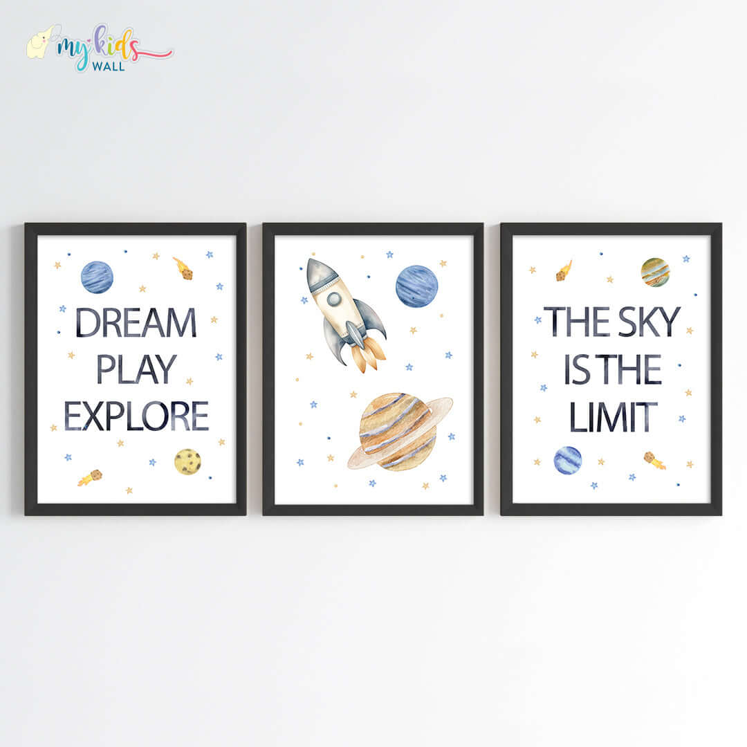 Inspirational outer space kid's set of 3 wall art black frame