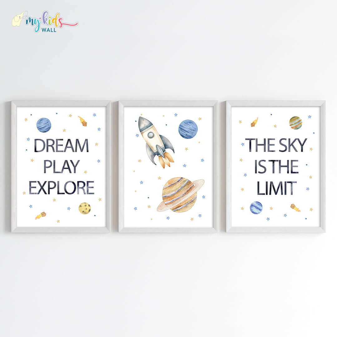 Inspirational outer space kid's set of 3 wall art white frame