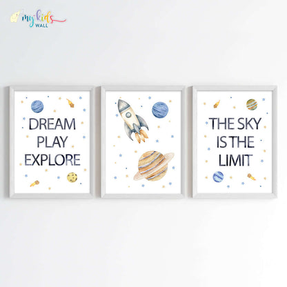 Inspirational outer space kid's set of 3 wall art white frame