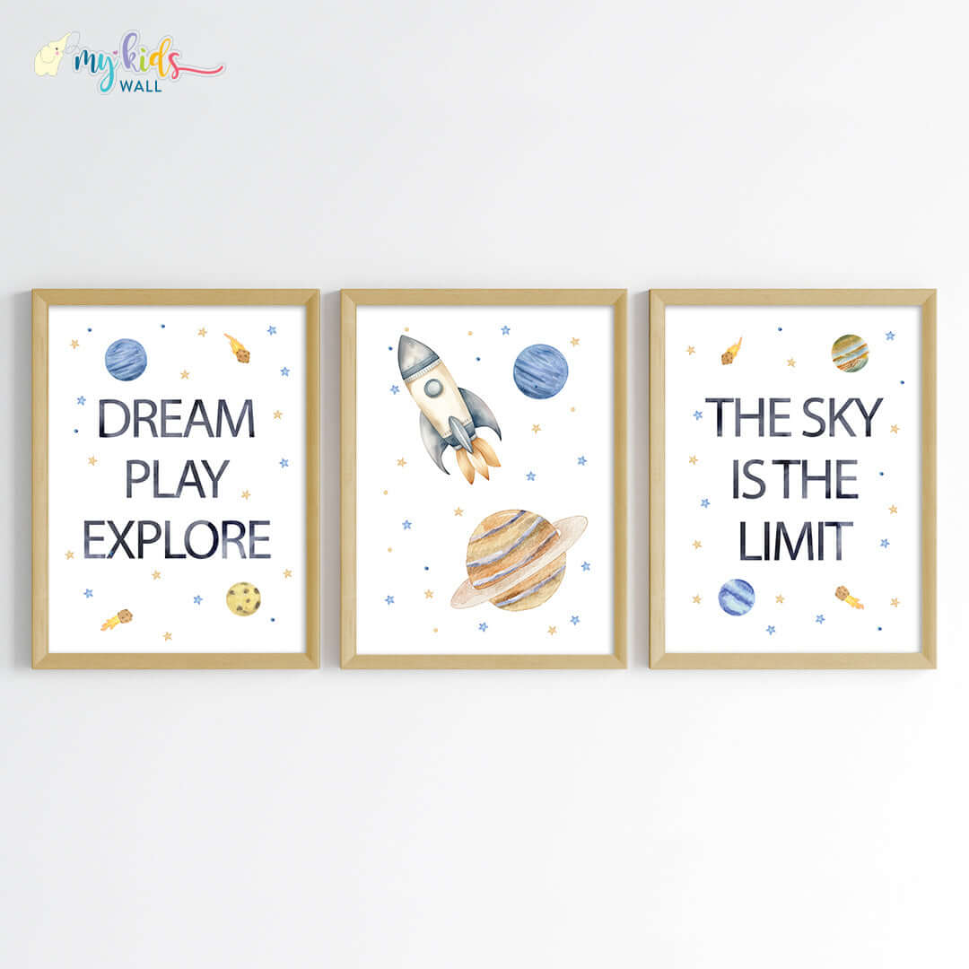 Inspirational outer space kid's set of 3 wall art wooden frame