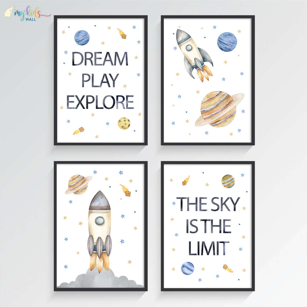 Inspirational outer space kid's set of 4 wall art black frame