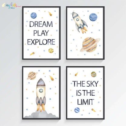 Inspirational outer space kid's set of 4 wall art black frame