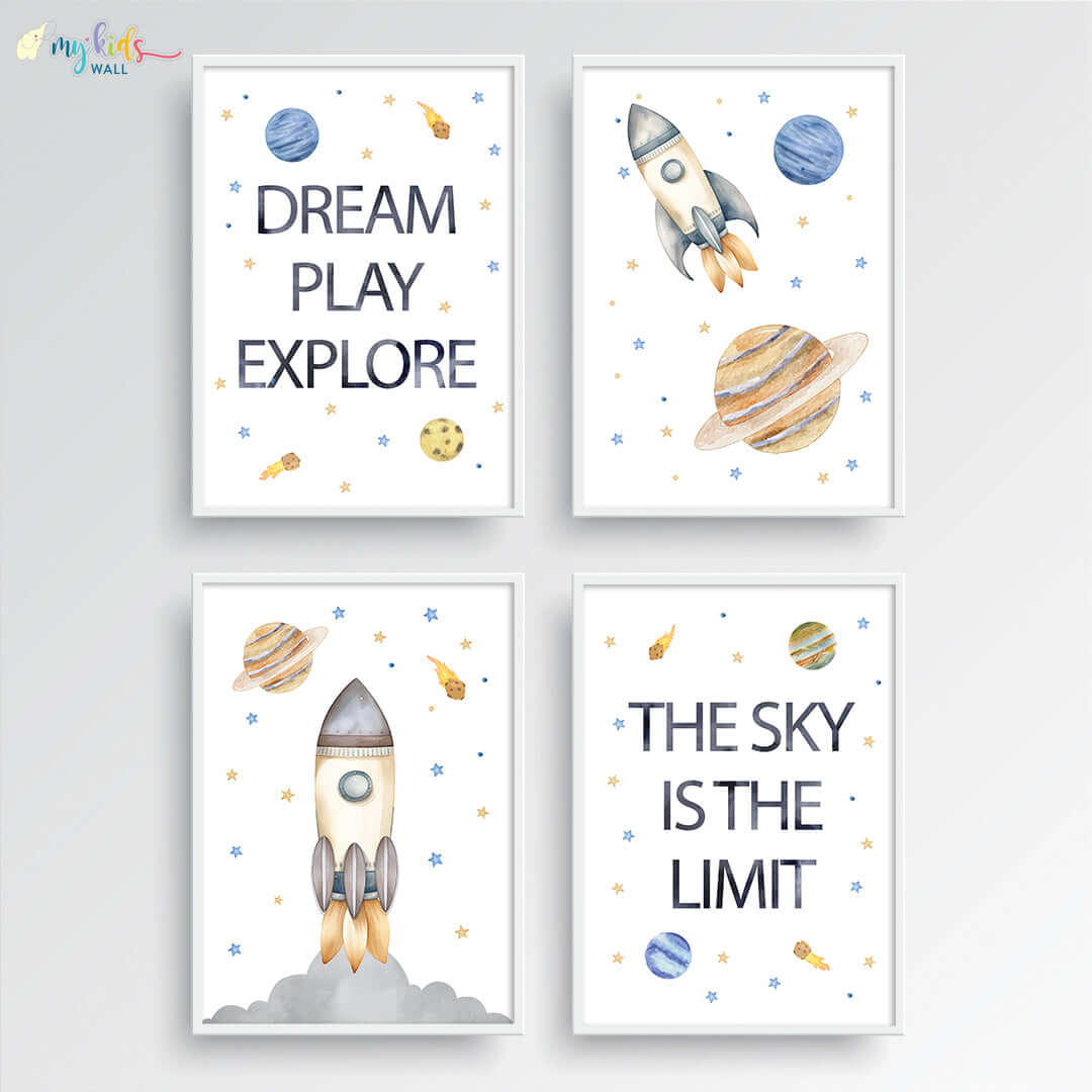 Inspirational outer space kid's set of 4 wall art white frame