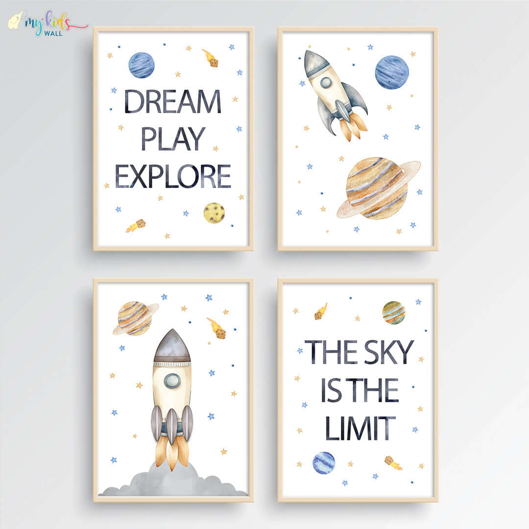 Inspirational outer space kid's set of 4 wall art wooden frame