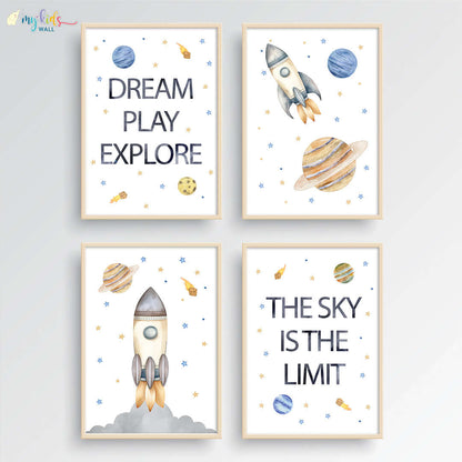 Inspirational outer space kid's set of 4 wall art wooden frame