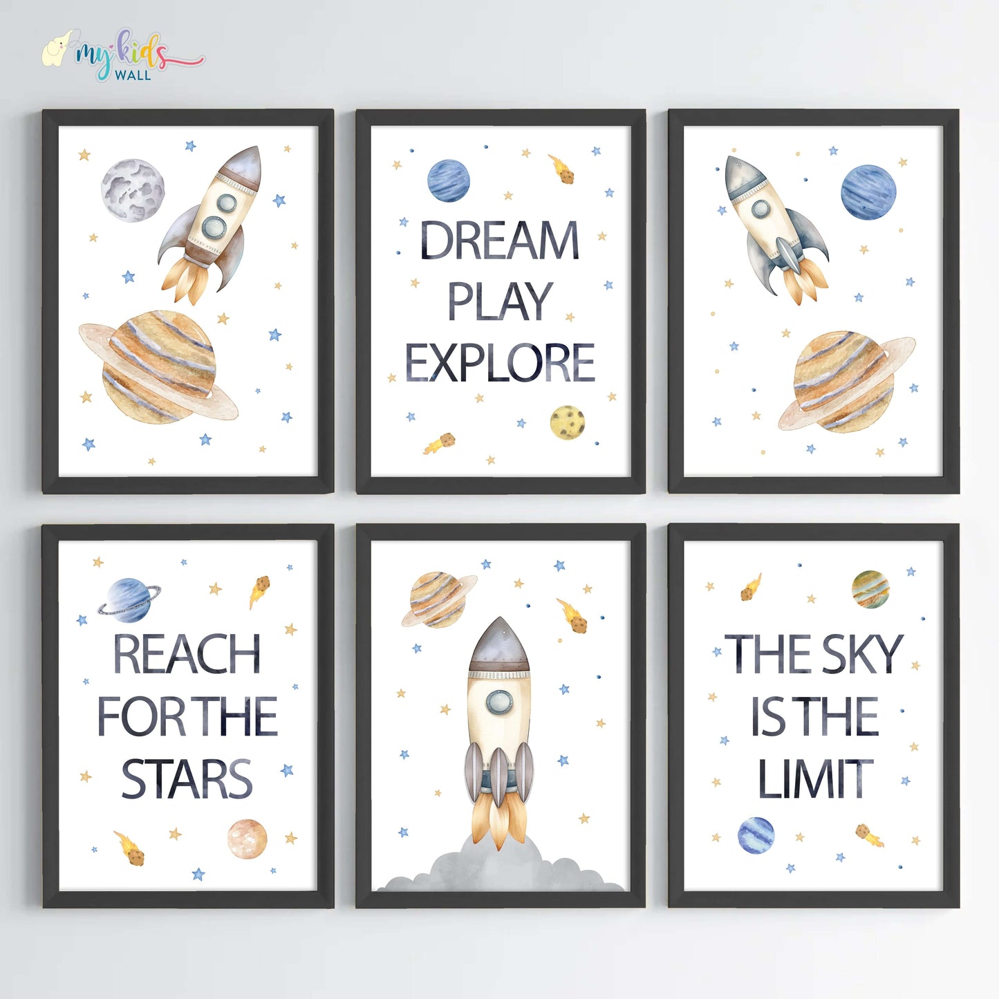 Inspirational outer space kid's set of 6 wall art black frame