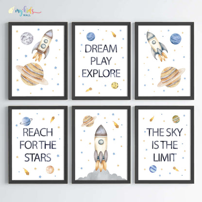 Inspirational outer space kid's set of 6 wall art black frame