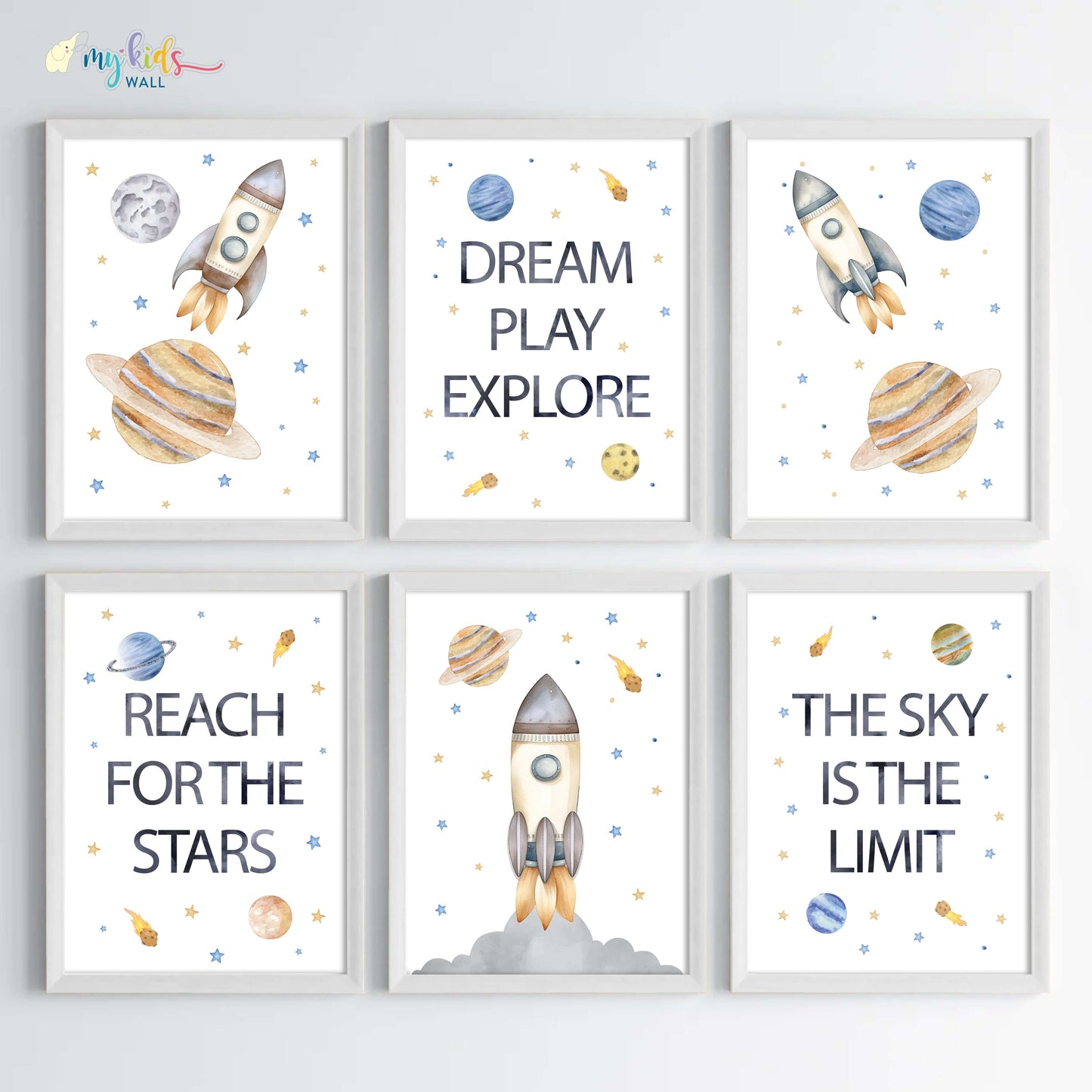 Inspirational outer space kid's set of 6 wall art white frame