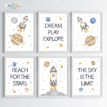 Inspirational outer space kid's set of 6 wall art white frame