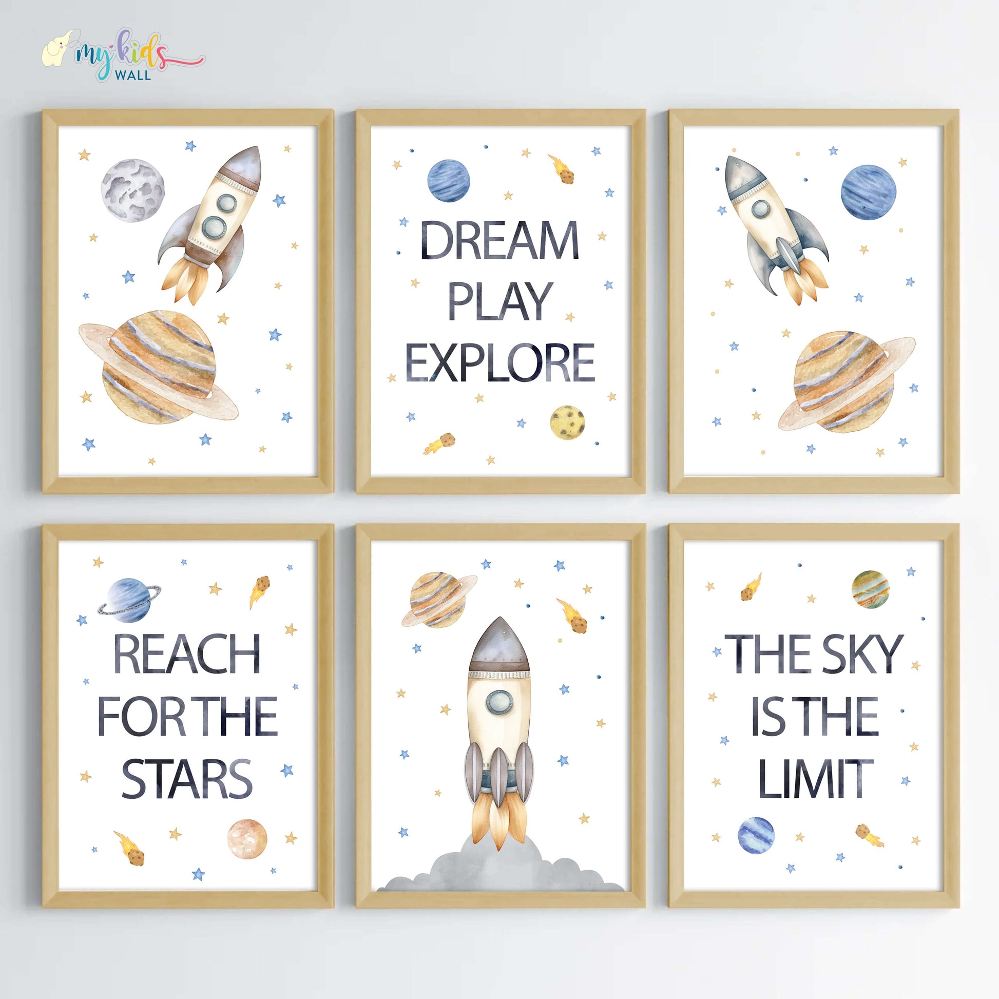 Inspirational outer space kid's set of 6 wall art wooden frame