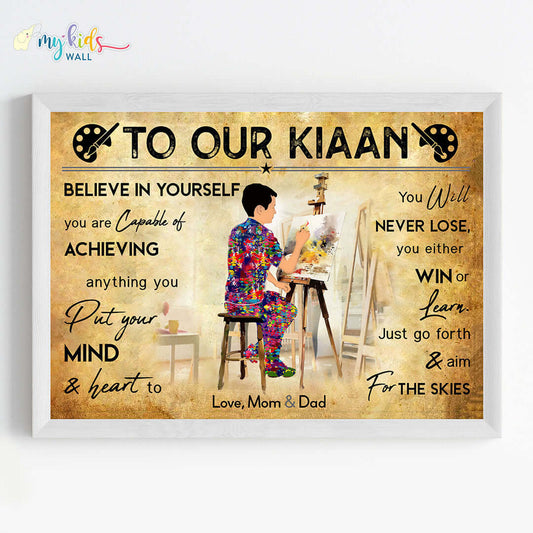 Motivational painting artist boy wall art white frame