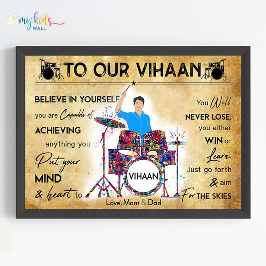 Motivational percussionist drummer boy wall art black frame