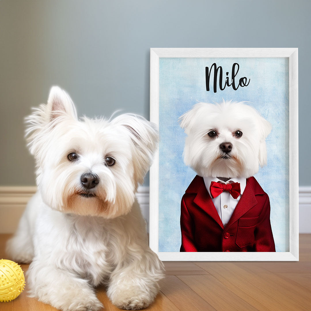 Pet portrait of a dog as a prince in black frame