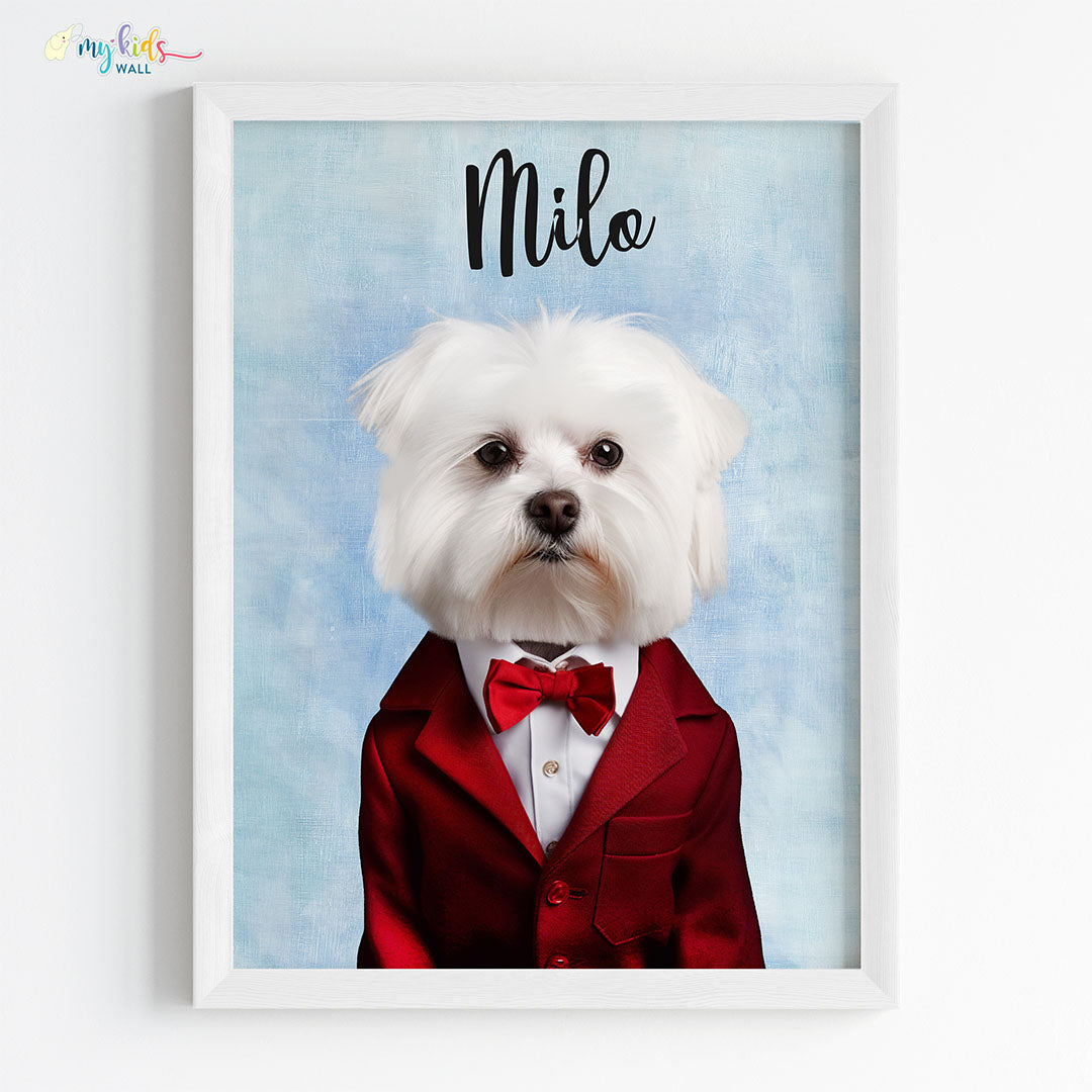 Pet portrait of a dog as a prince in white frame