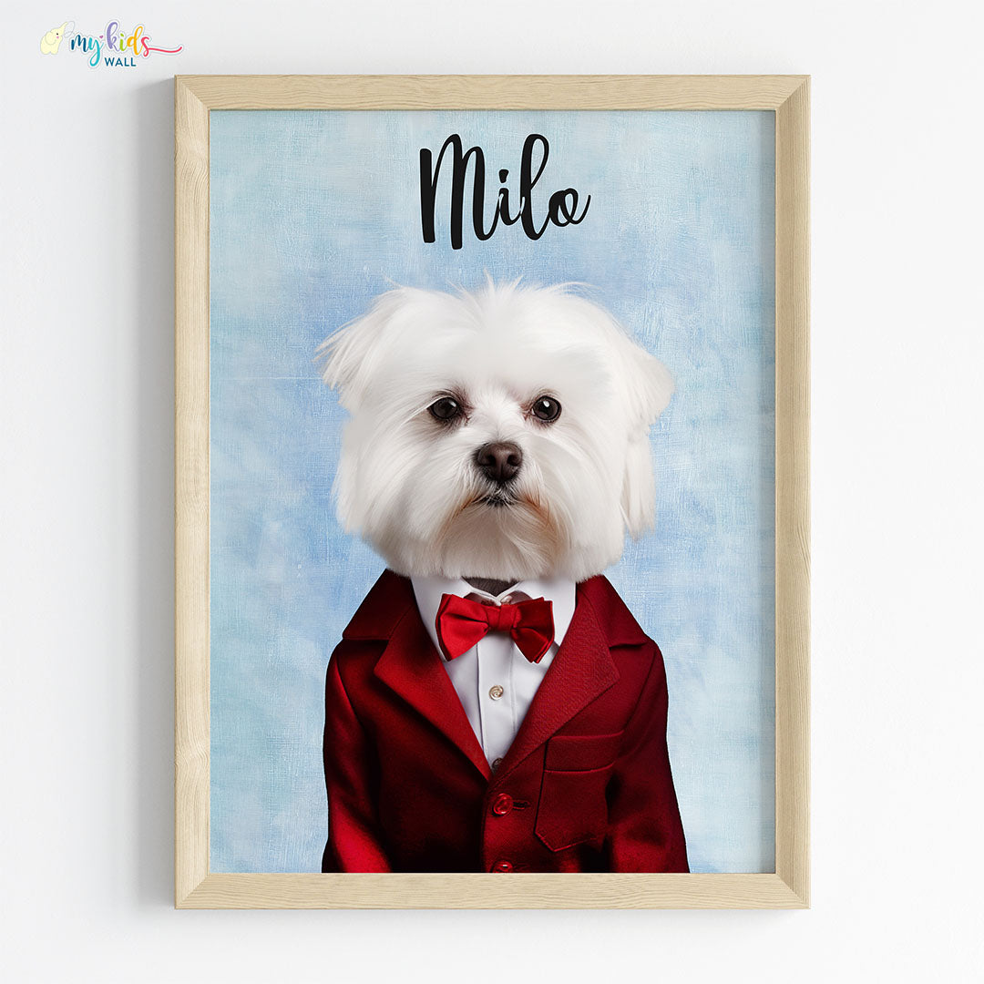 Pet portrait of a dog as a prince in wooden frame