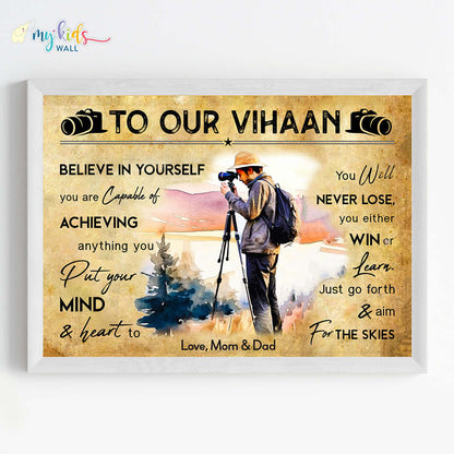 Motivational photographer boy wall art white frame