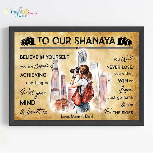 Motivational photographer girl wall art black frame