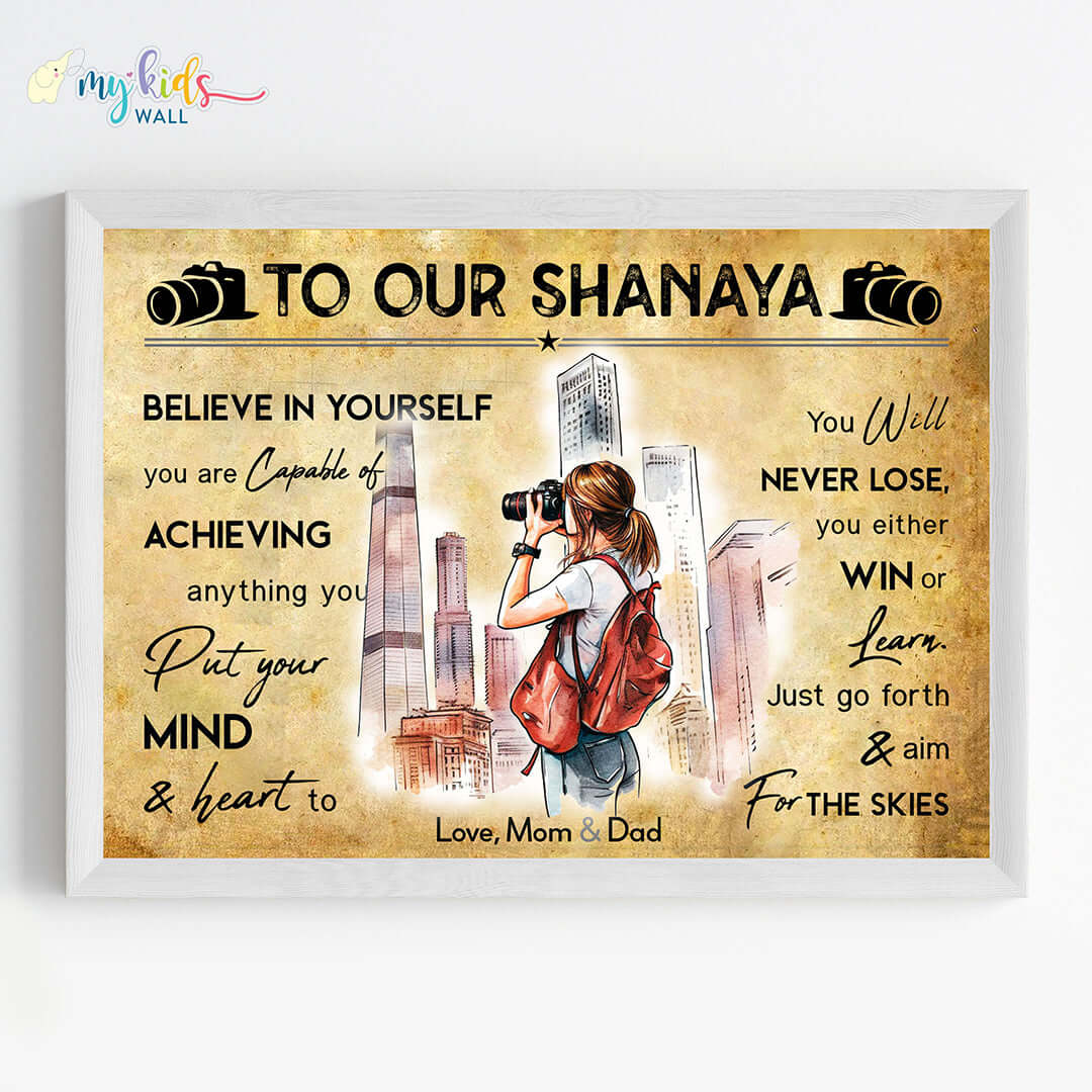 Motivational photographer girl wall art white frame