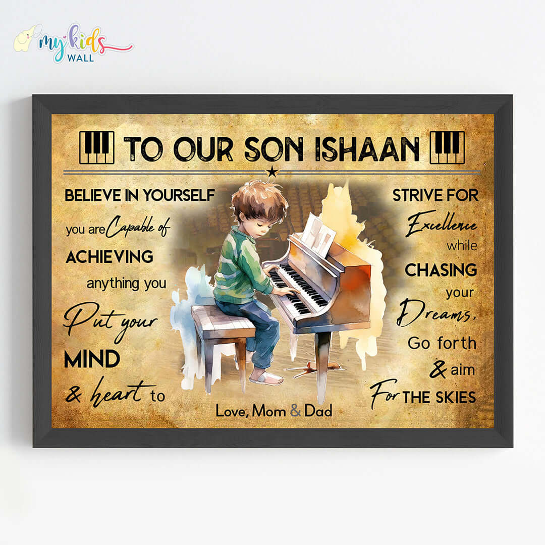 Motivational piano player boy wall art black frame