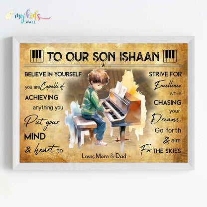 Motivational piano player boy wall art white frame