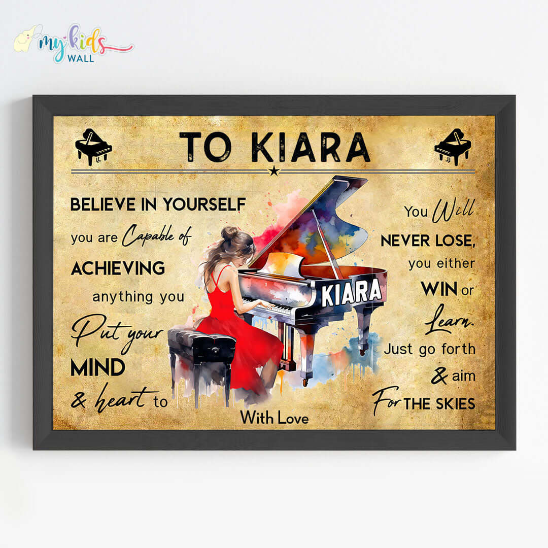 Motivational piano player girl wall art black frame