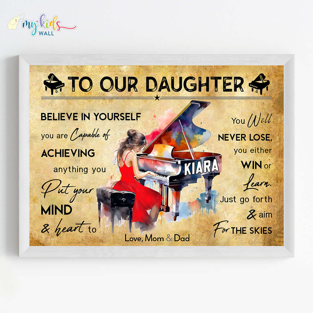 Motivational piano player girl wall art white frame