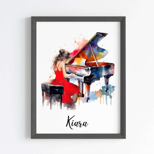 Inspirational piano player girl wall art black frame