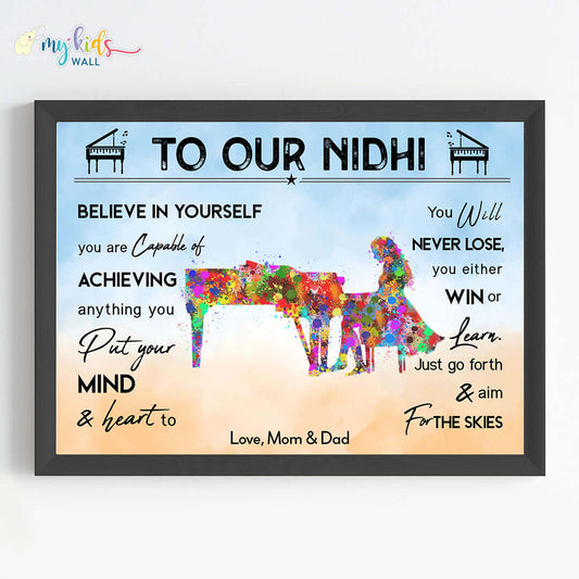 Motivational piano player girl wall art black frame