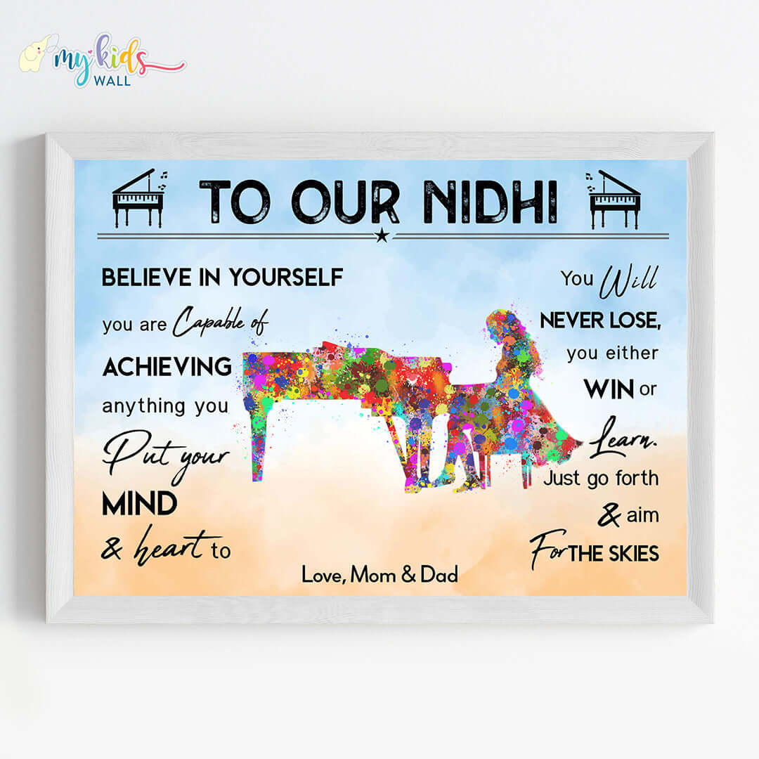 Motivational piano player girl wall art white frame