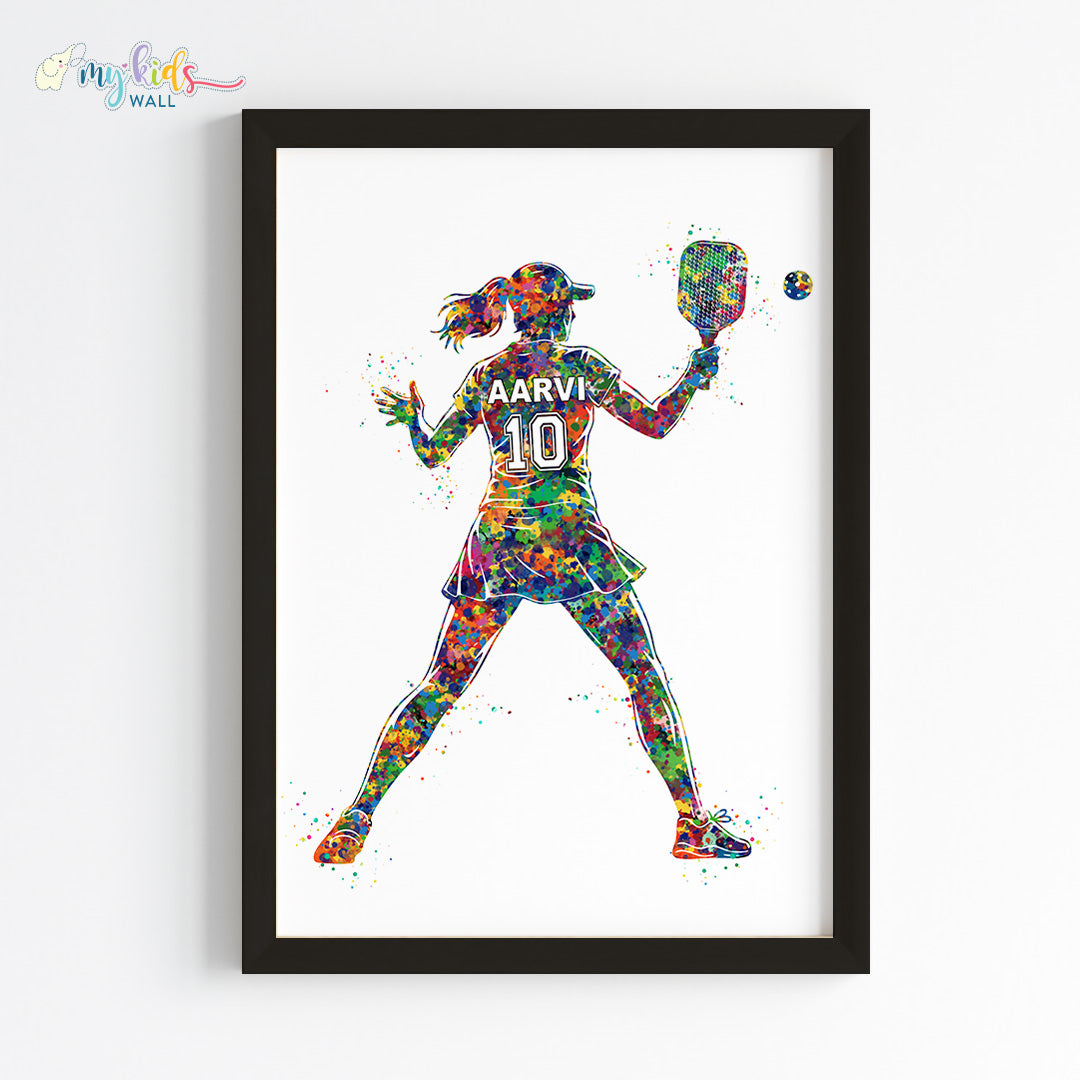 Pickleball Player Girl Personalised Wall Art Framed Black