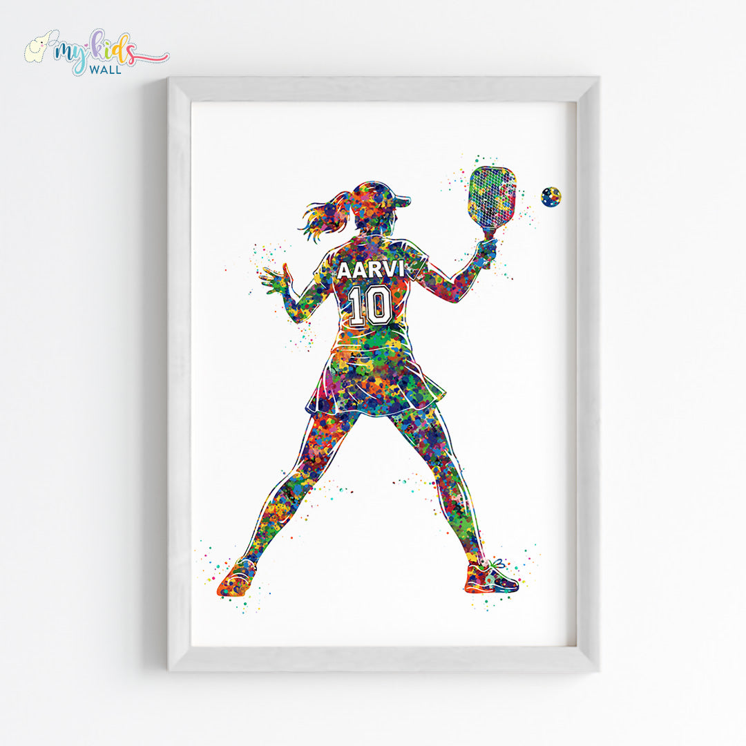 Pickleball Player Girl Personalised Wall Art Framed White