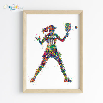 Pickleball Player Girl Personalised Wall Art Framed Wooden