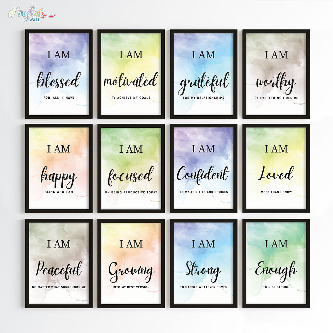 Positive affirmations for success set of 12 wall art black frame