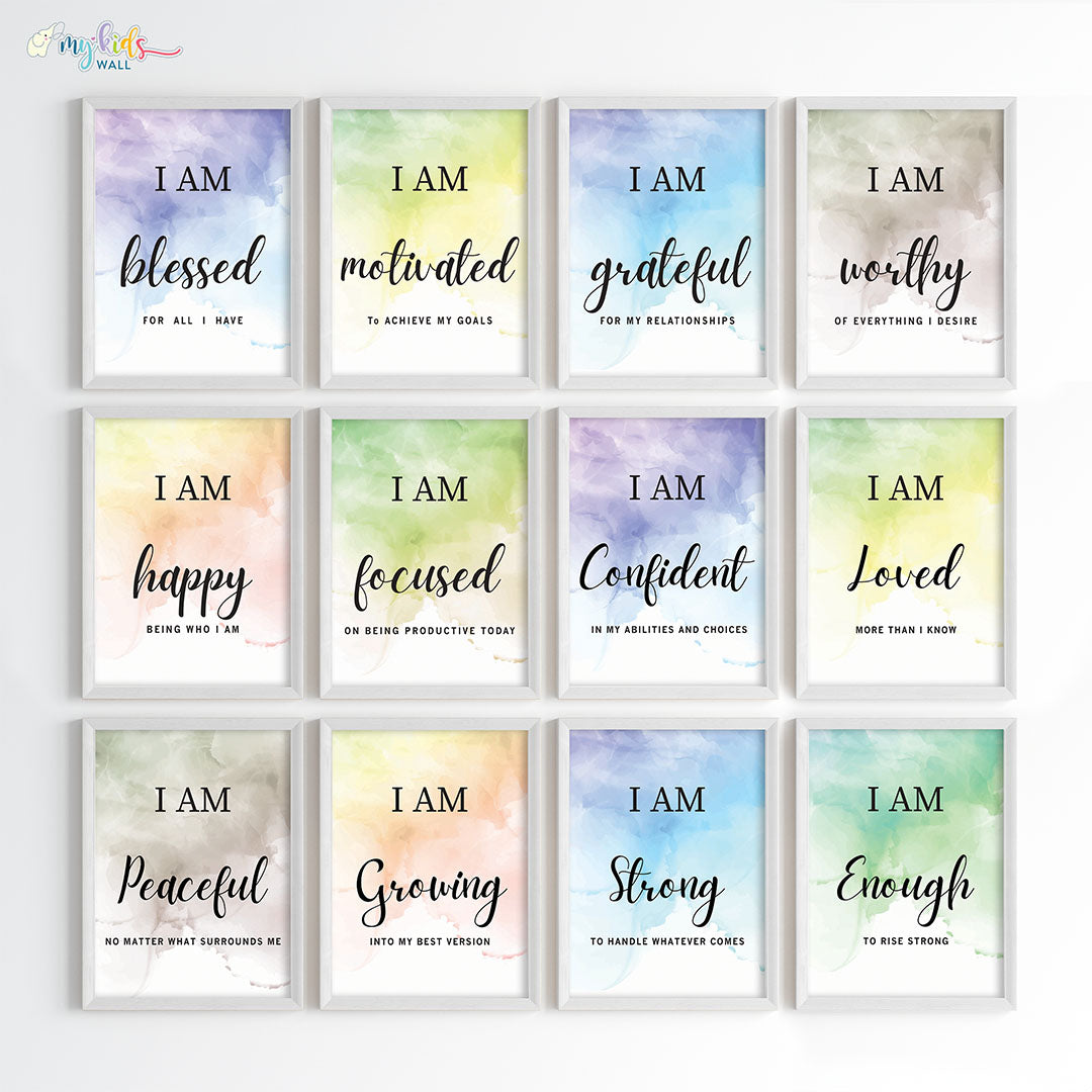 Positive affirmations for success set of 9 wall art white frame