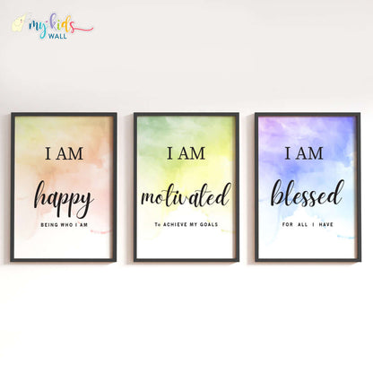 Positive affirmations for success set of 3 wall art black frame