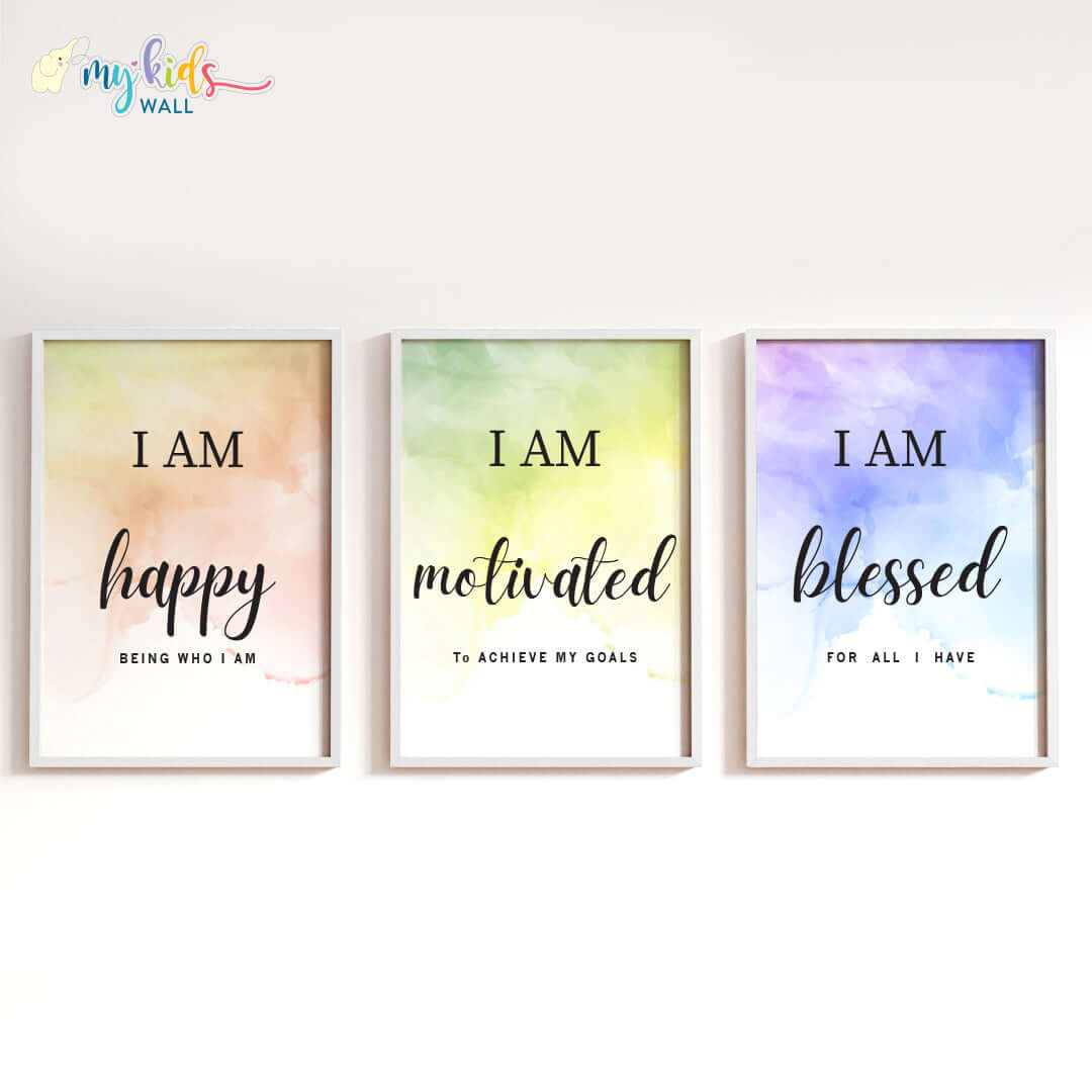 Positive affirmations for success set of 3 wall art white frame