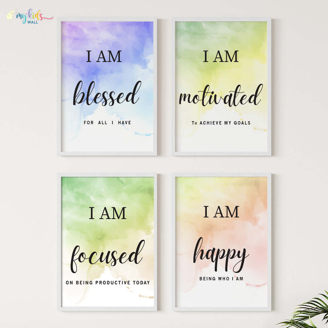 Positive affirmations for success set of 4 wall art white frame