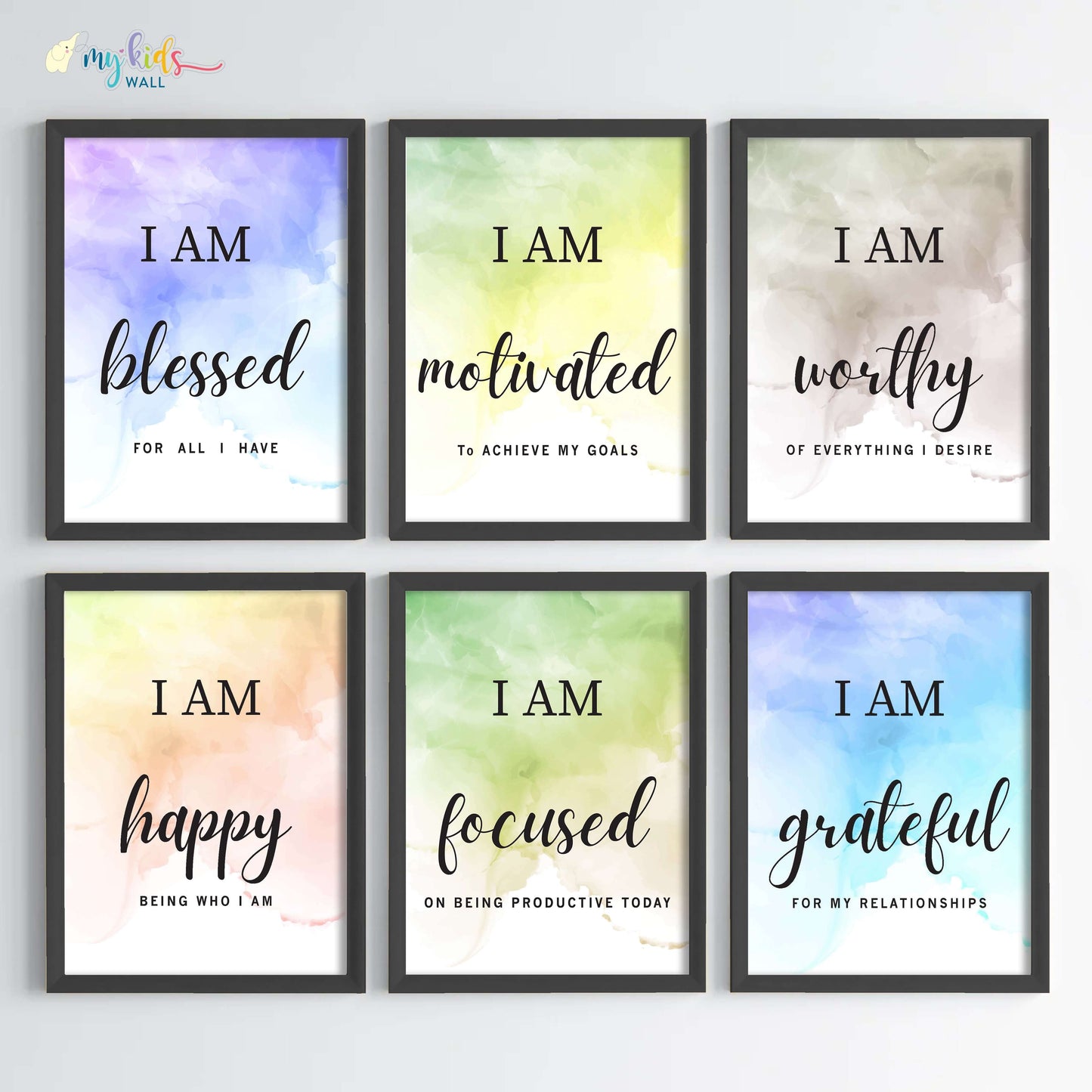 Positive affirmations for success set of 6 wall art black frame